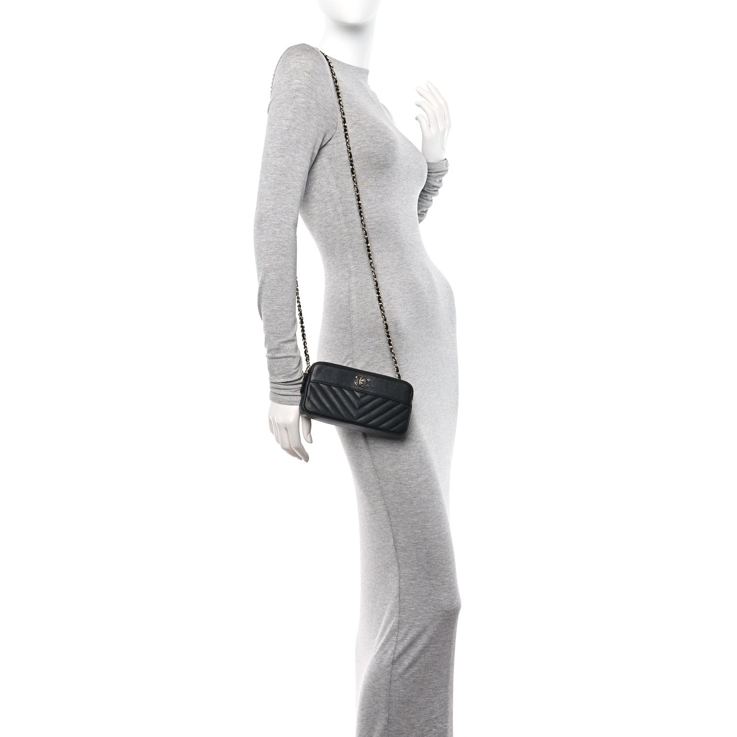 Chanel Metallic Sheepskin Chevron Quilted Small Vintage Mademoiselle Clutch With Chain Black 2 of 16