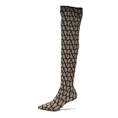 Valentino Garavani Toile Iconographe Calfskin Vlogo Over the Knee Boots 37 1 of 7