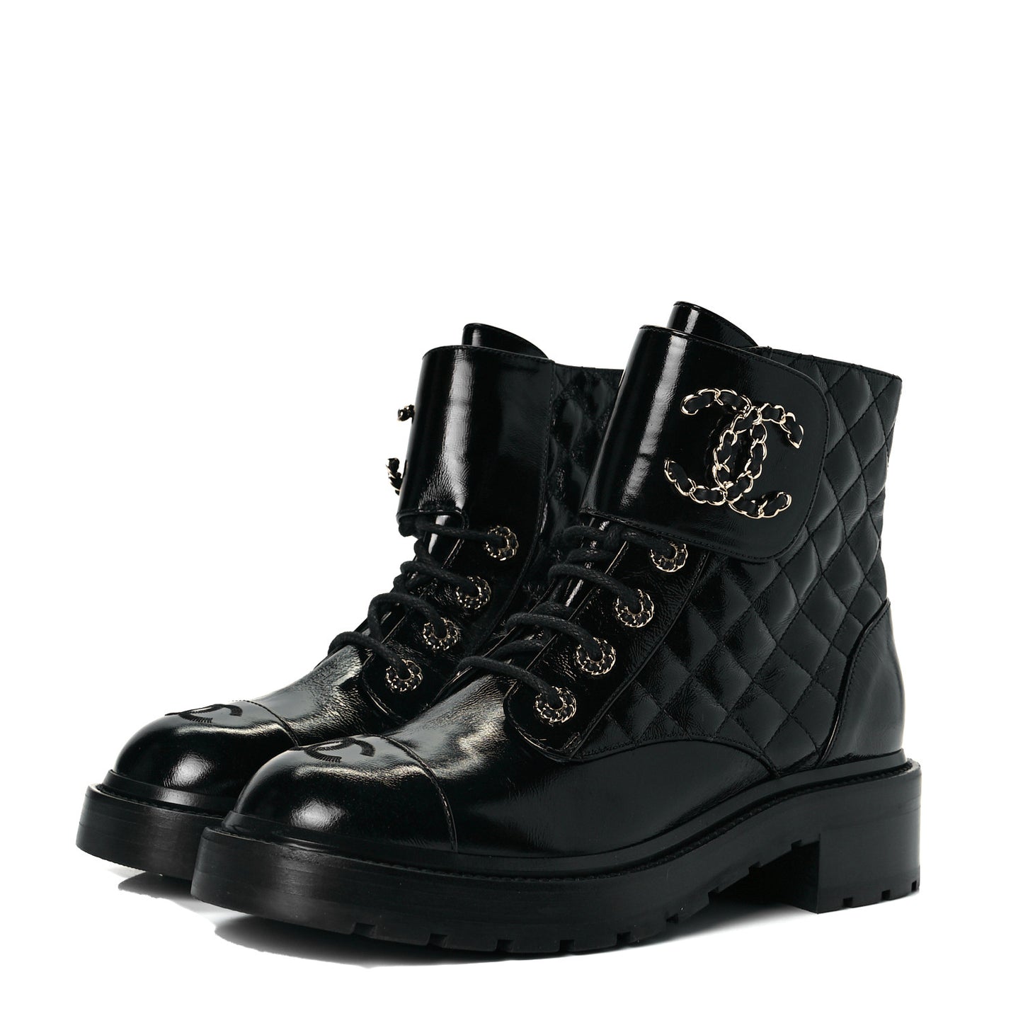 Shiny Calfskin Quilted Lace Up Combat Boots 39 Black