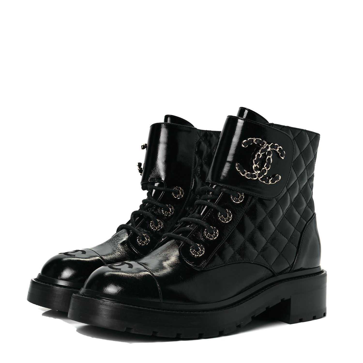 Chanel Shiny Calfskin Quilted Lace Up Combat Boots 39 Black 2 of 9