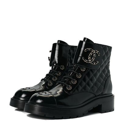 Chanel Shiny Calfskin Quilted Lace Up Combat Boots 39 Black 2 of 9