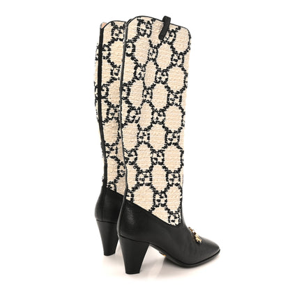 Gucci Tweed GG Monogram Wrinkled Kid Zumi Knee Boots 39.5 Natural Black 5 of 10