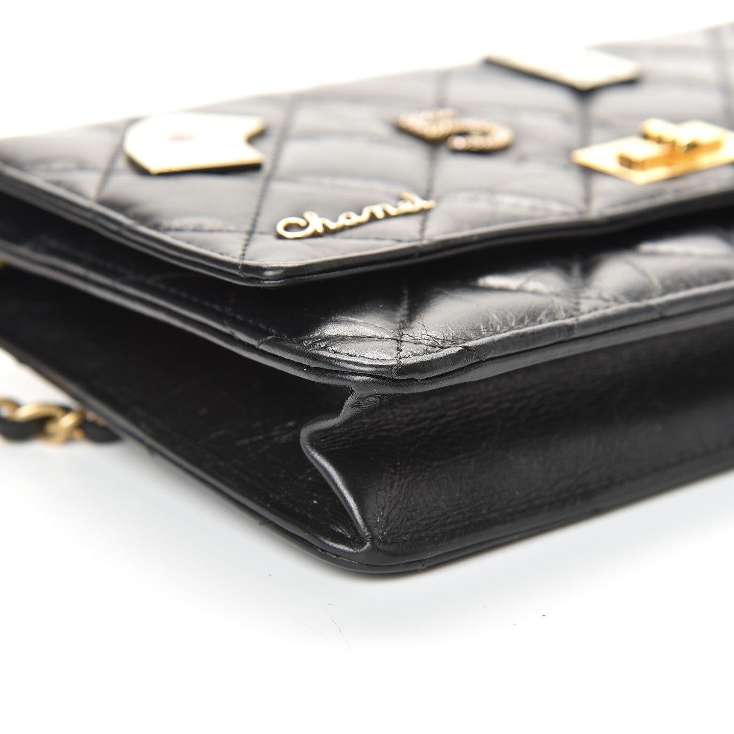 Chanel Aged Calfskin Quilted Lucky Charms Casino 2.55 Reissue Wallet On Chain WOC Black 9 of 11