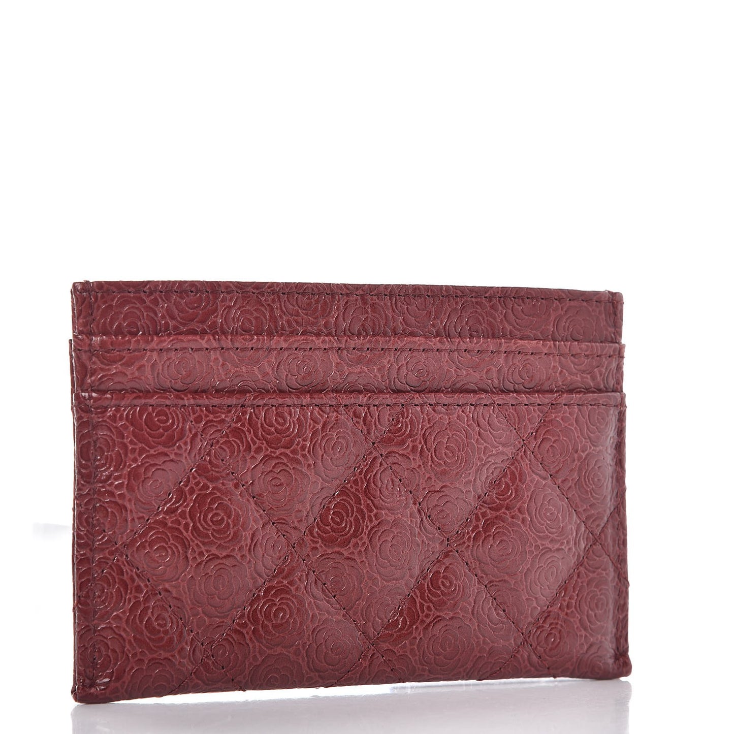 Camellia Calfskin Embossed Quilted Card Holder Burgundy
