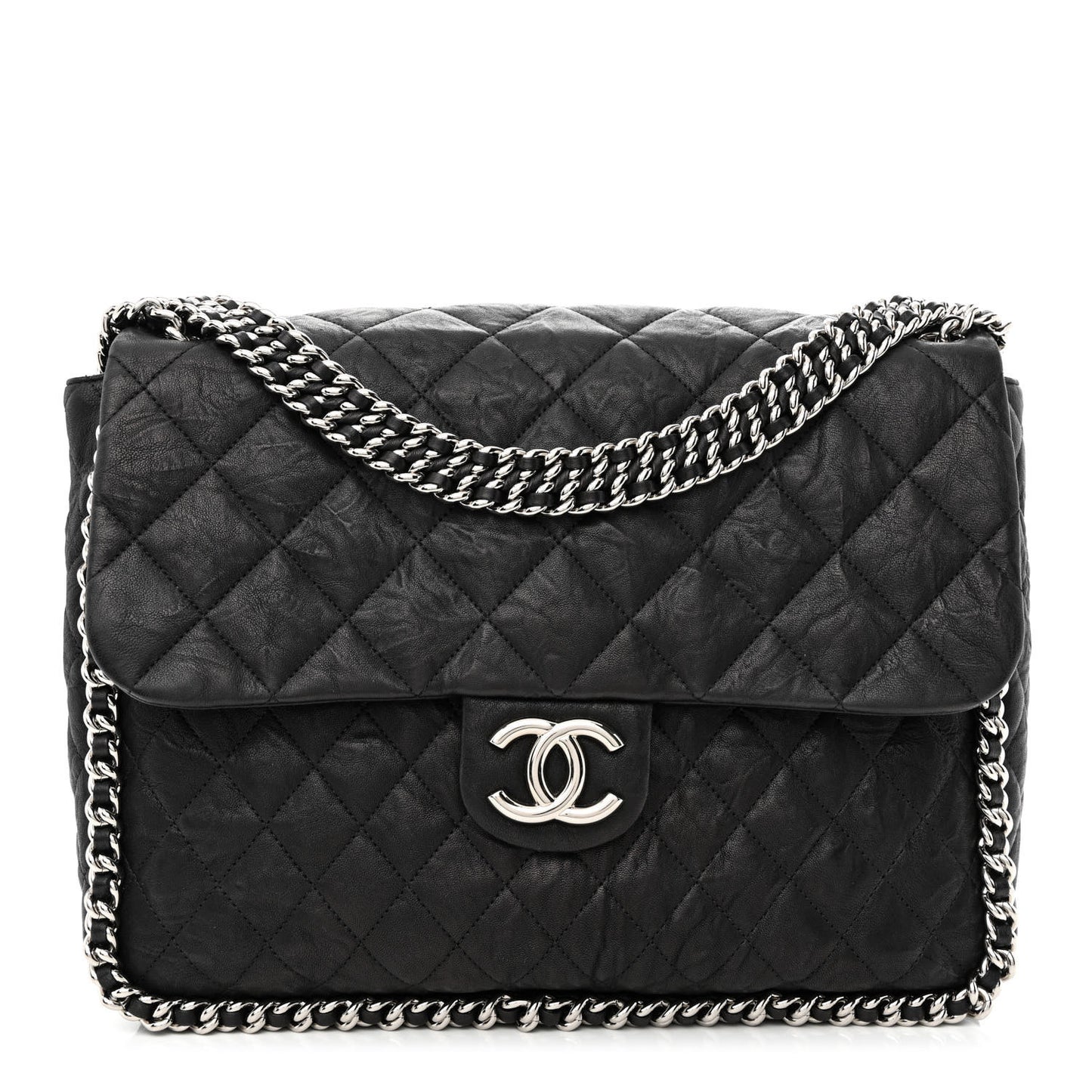 Washed Lambskin Quilted Maxi Chain Around Flap Black