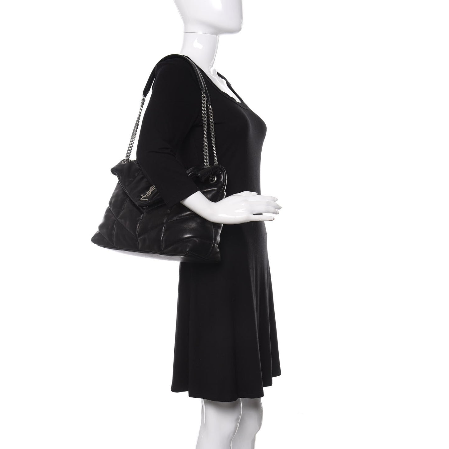 Lambskin Quilted Medium Loulou Puffer Monogram Chain Satchel Black