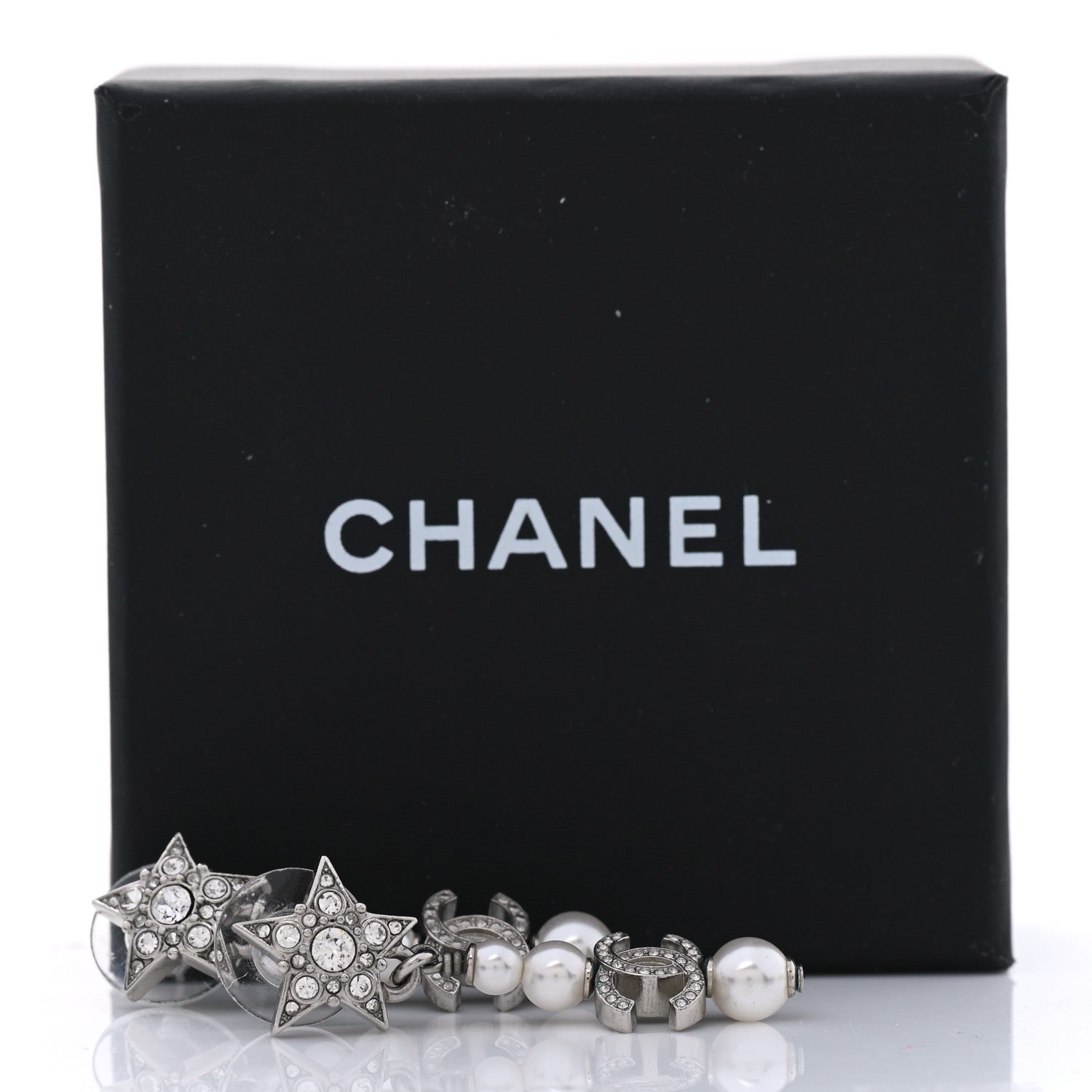 Chanel Crystal Pearl CC Star Drop Earrings Silver 5 of 5