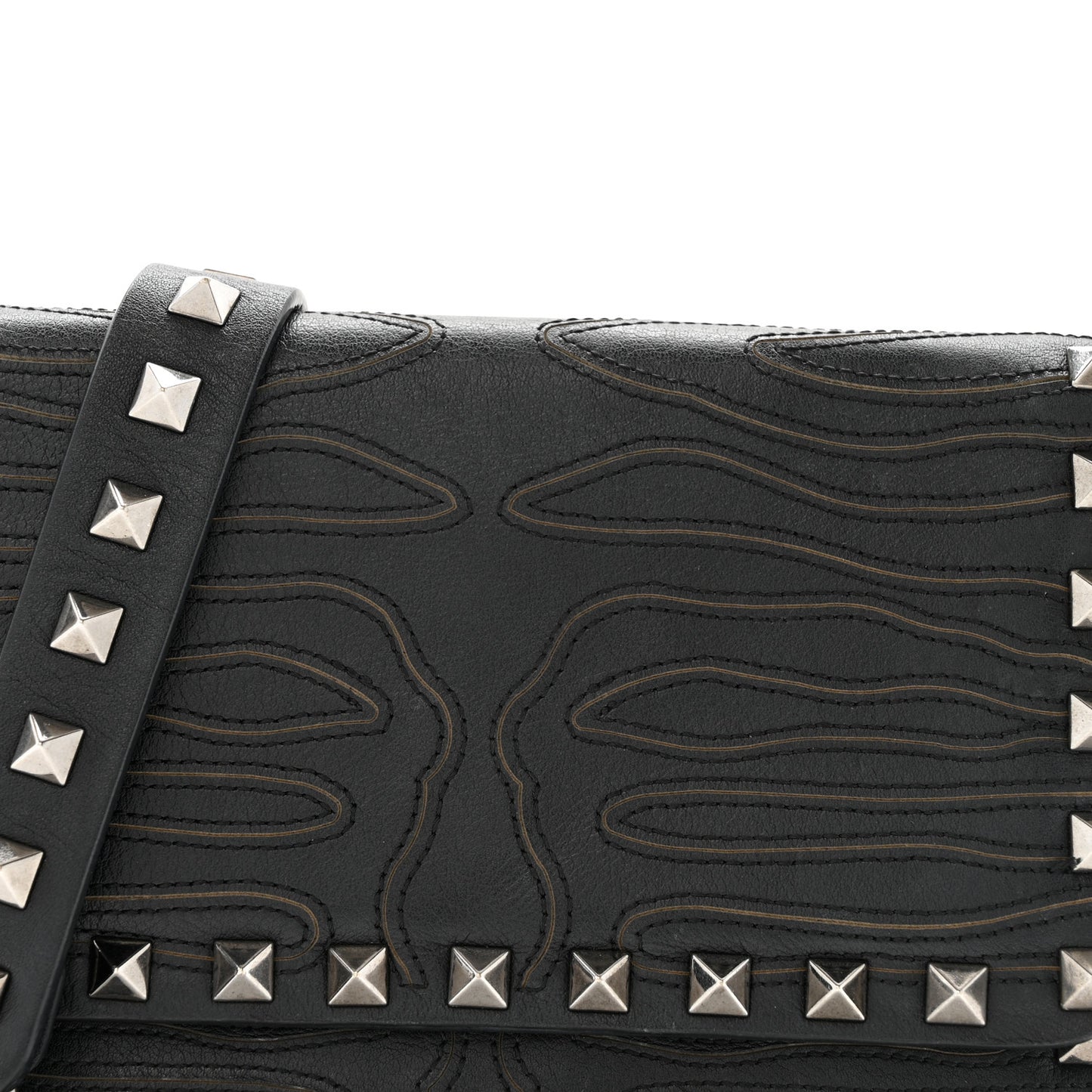 Calfskin Embroidered Rockstud Mini Crossbody Bag Black