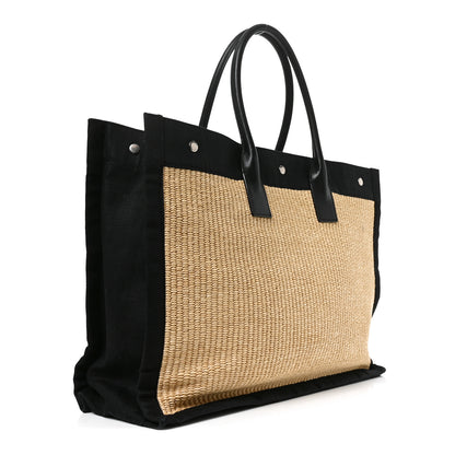 Saint Laurent Raffia Linen Calfskin Rive Gauche Tote Naturale Black 3 of 10