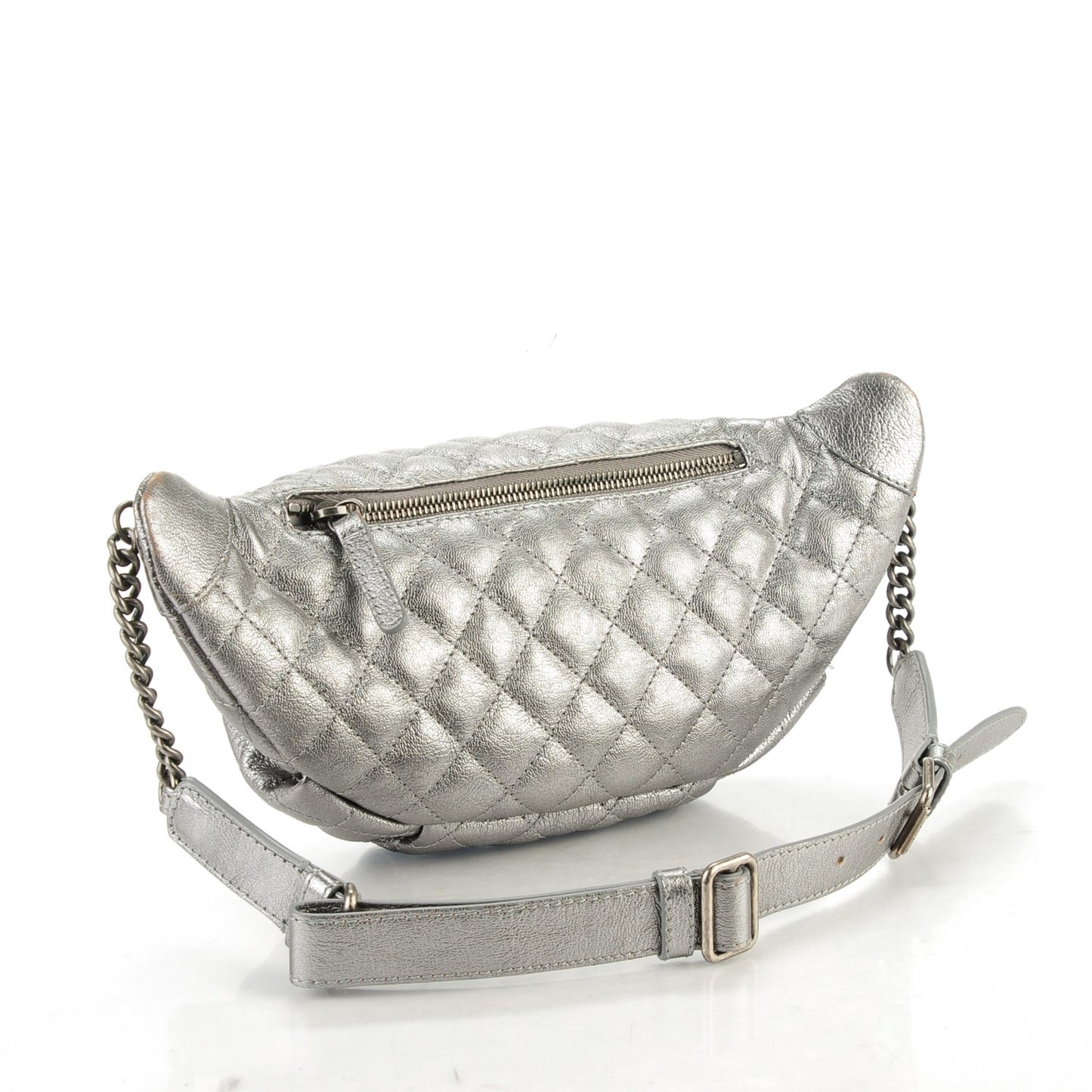 Metallic Goatskin Quilted Banane Waist Bag Fanny Pack Silver