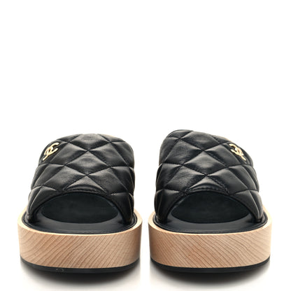Chanel Lambskin Quilted CC Wedge Sandals 39 Black 2 of 9