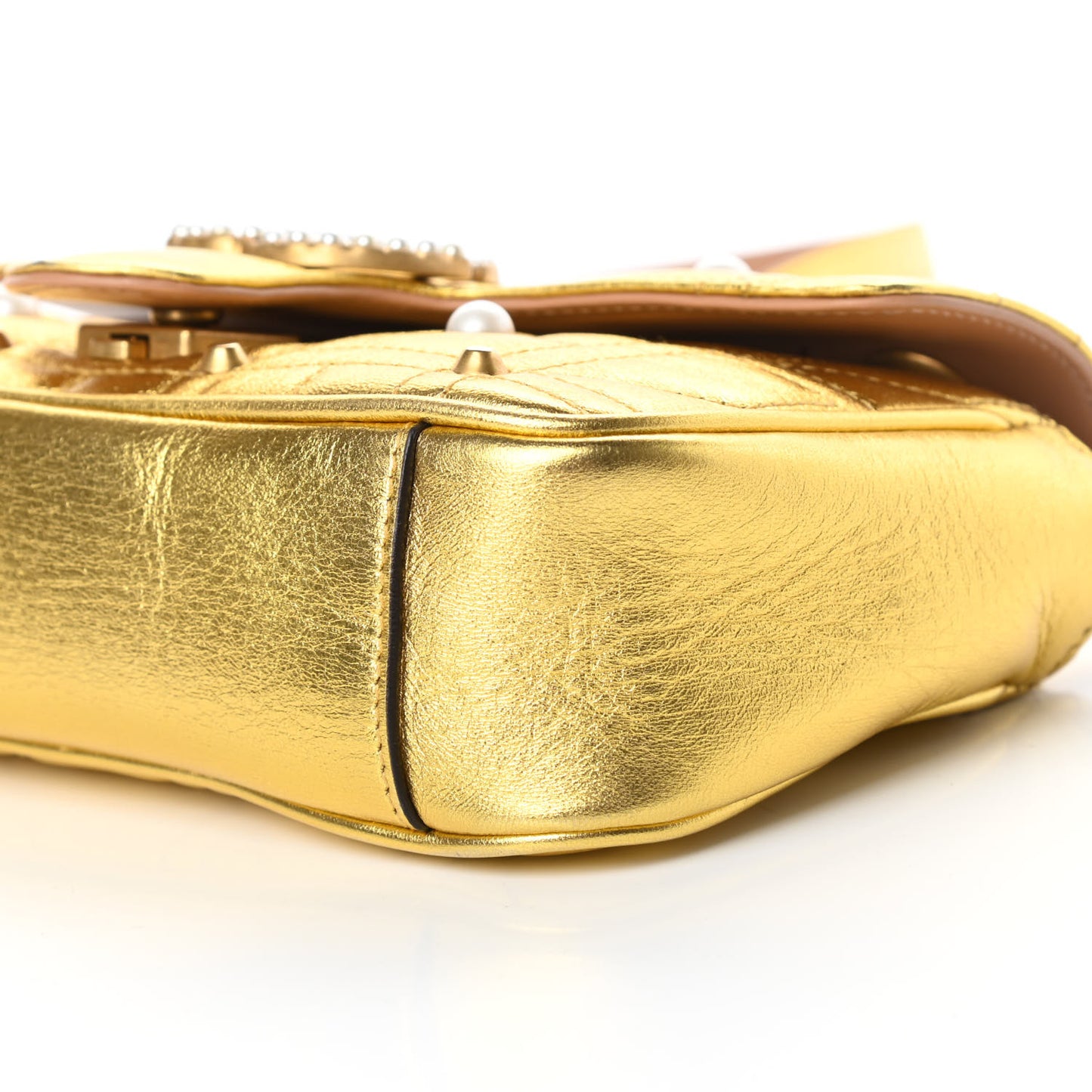 Metallic Calfskin Matelasse Studded Mini Pearly GG Marmont Shoulder Bag Gold