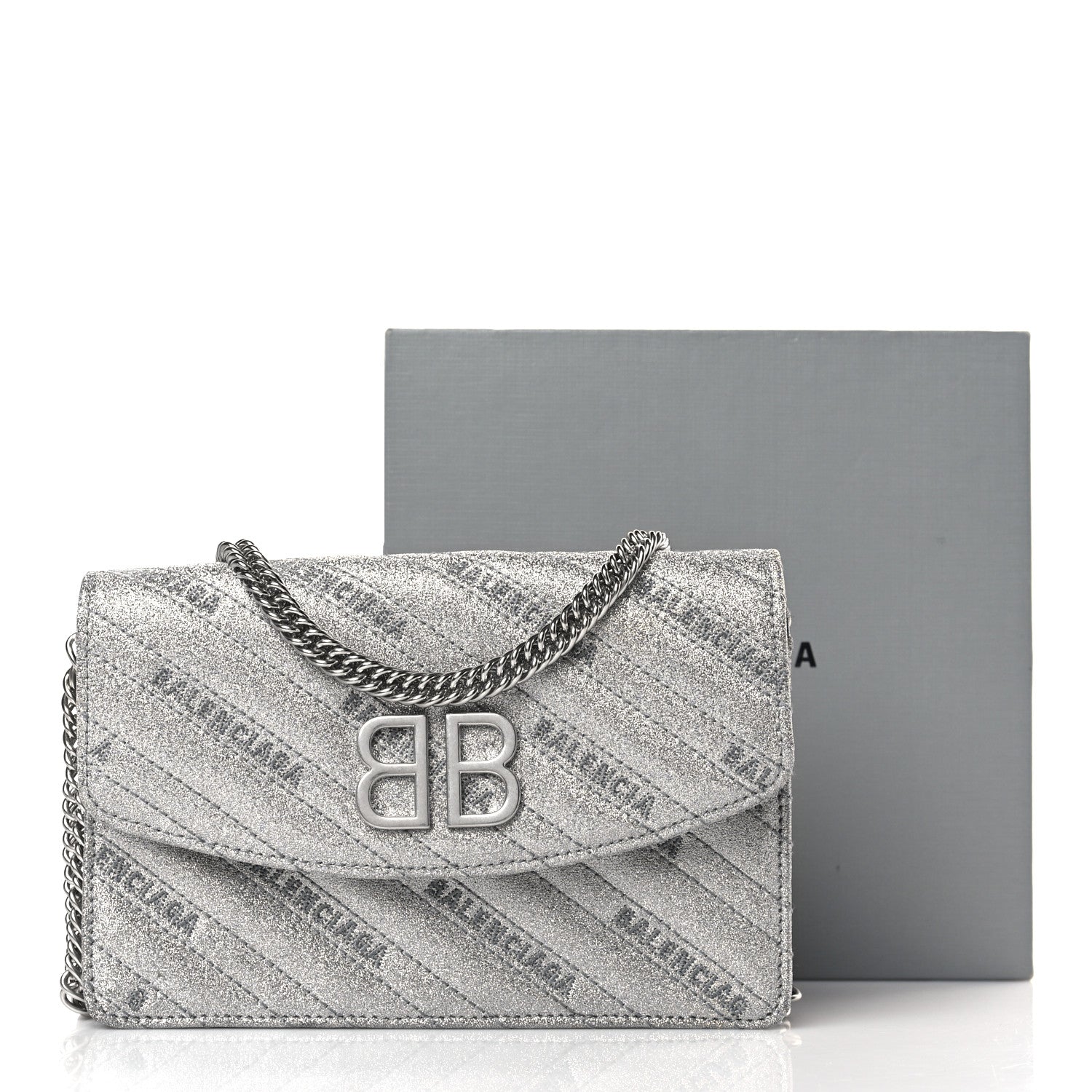 Balenciaga Glitter Logo Matelasse BB Wallet On Chain Silver 9 of 9