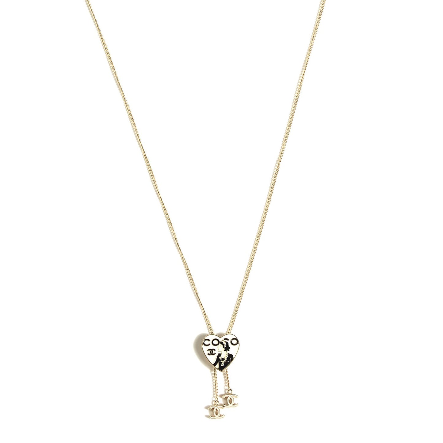Enamel Coco Heart CC Lariat Necklace Light Gold