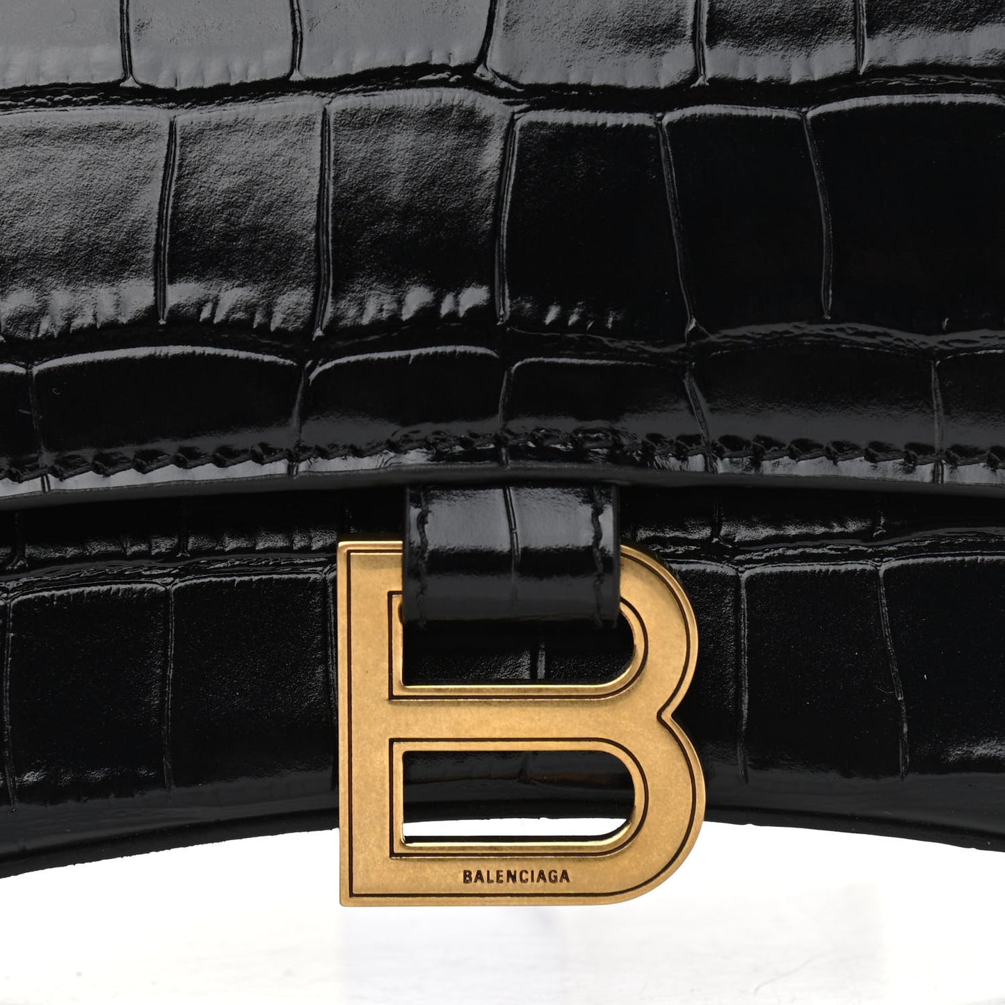 Shiny Calfskin Crocodile Embossed Small Hourglass Top Handle Bag Black