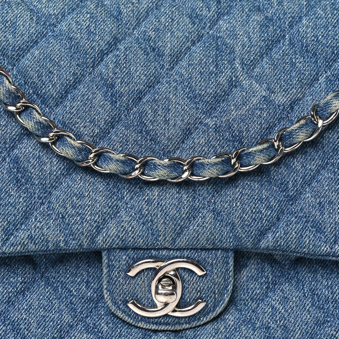 Denim Quilted CC Print Jumbo Single Flap Blue