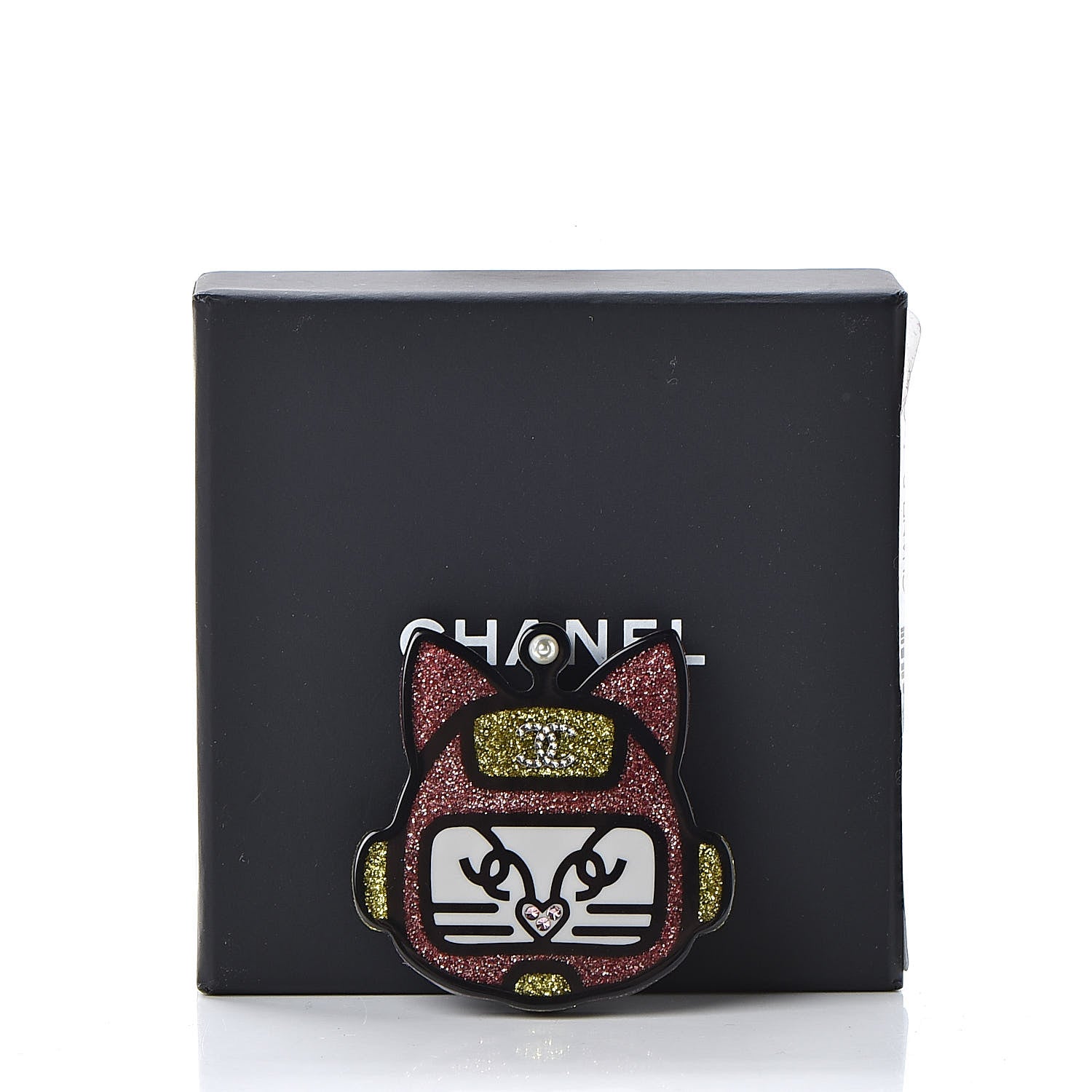 Chanel Resin Crystal Cat Emoji Brooch Black Pink Yellow 5 of 5