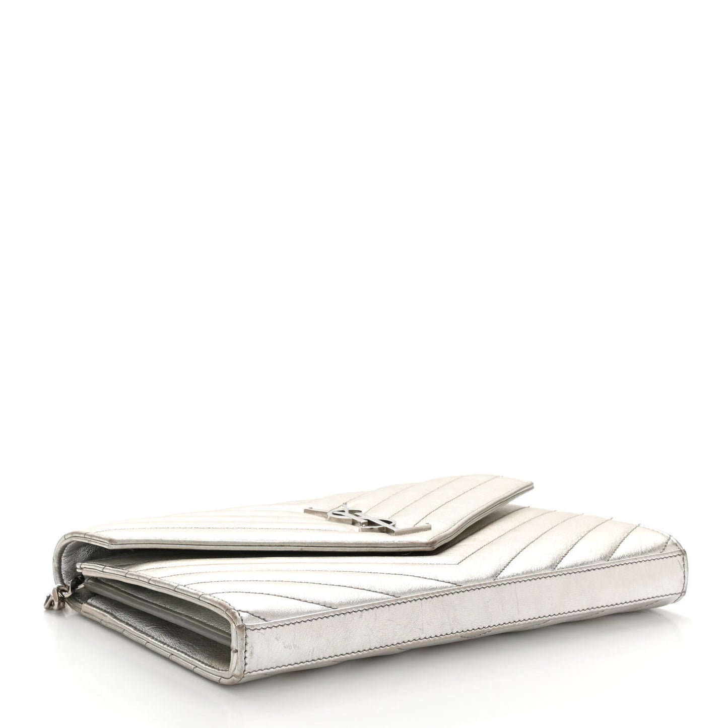 Metallic Lambskin Matelasse Chevron Monogram Chain Wallet Argento