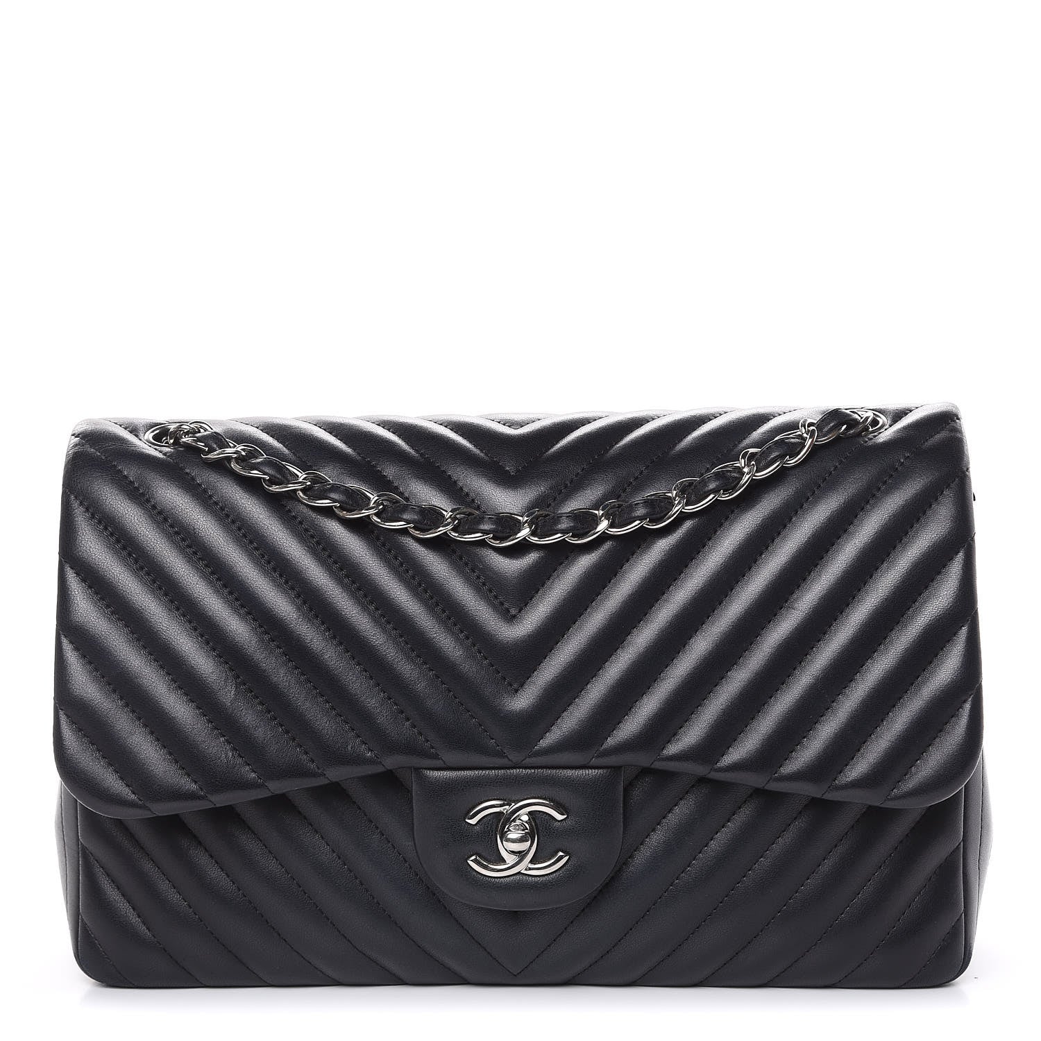 Chanel Lambskin Chevron Quilted Jumbo Double Flap Black 1 of 20
