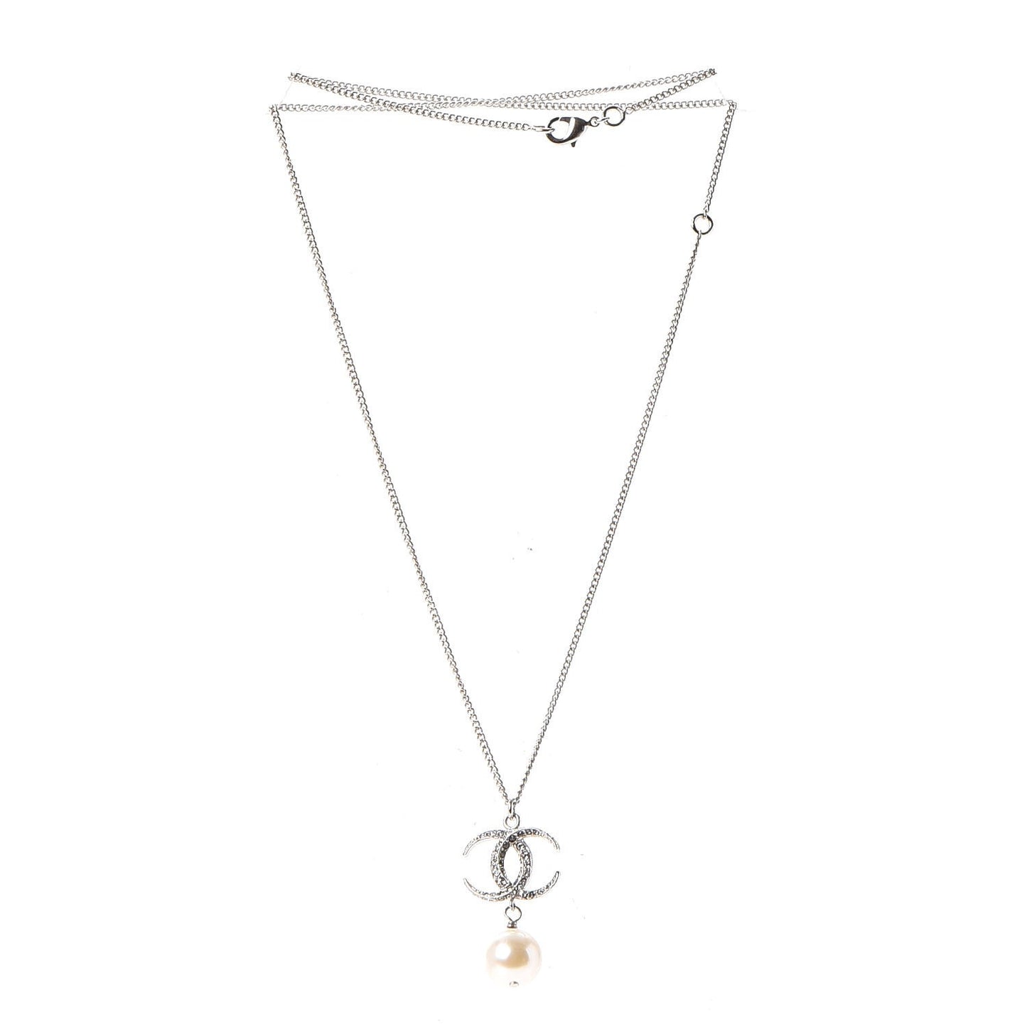 Crystal CC Pearl Drop Necklace Silver
