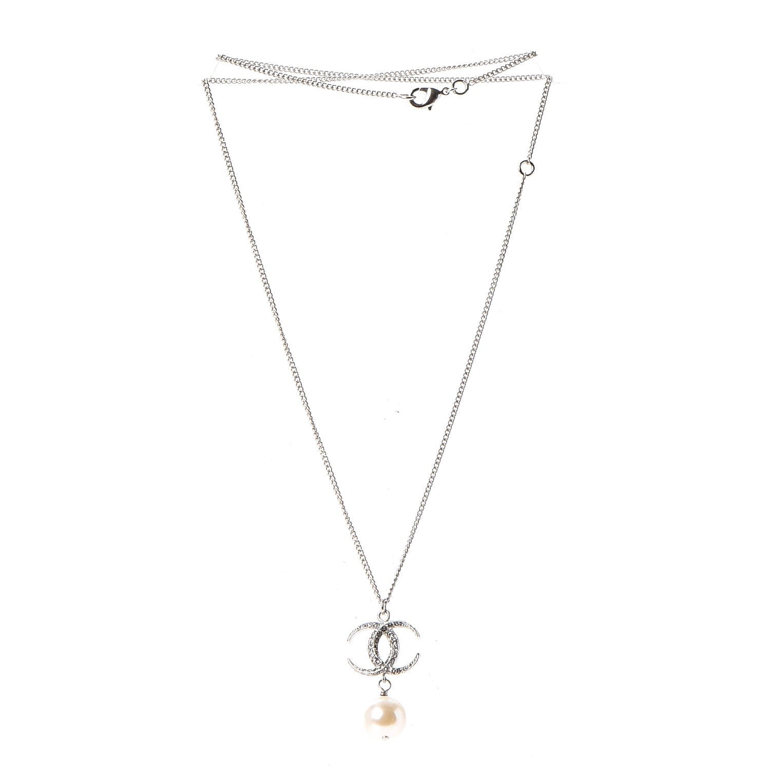 Chanel Crystal CC Pearl Drop Necklace Silver 3 of 6