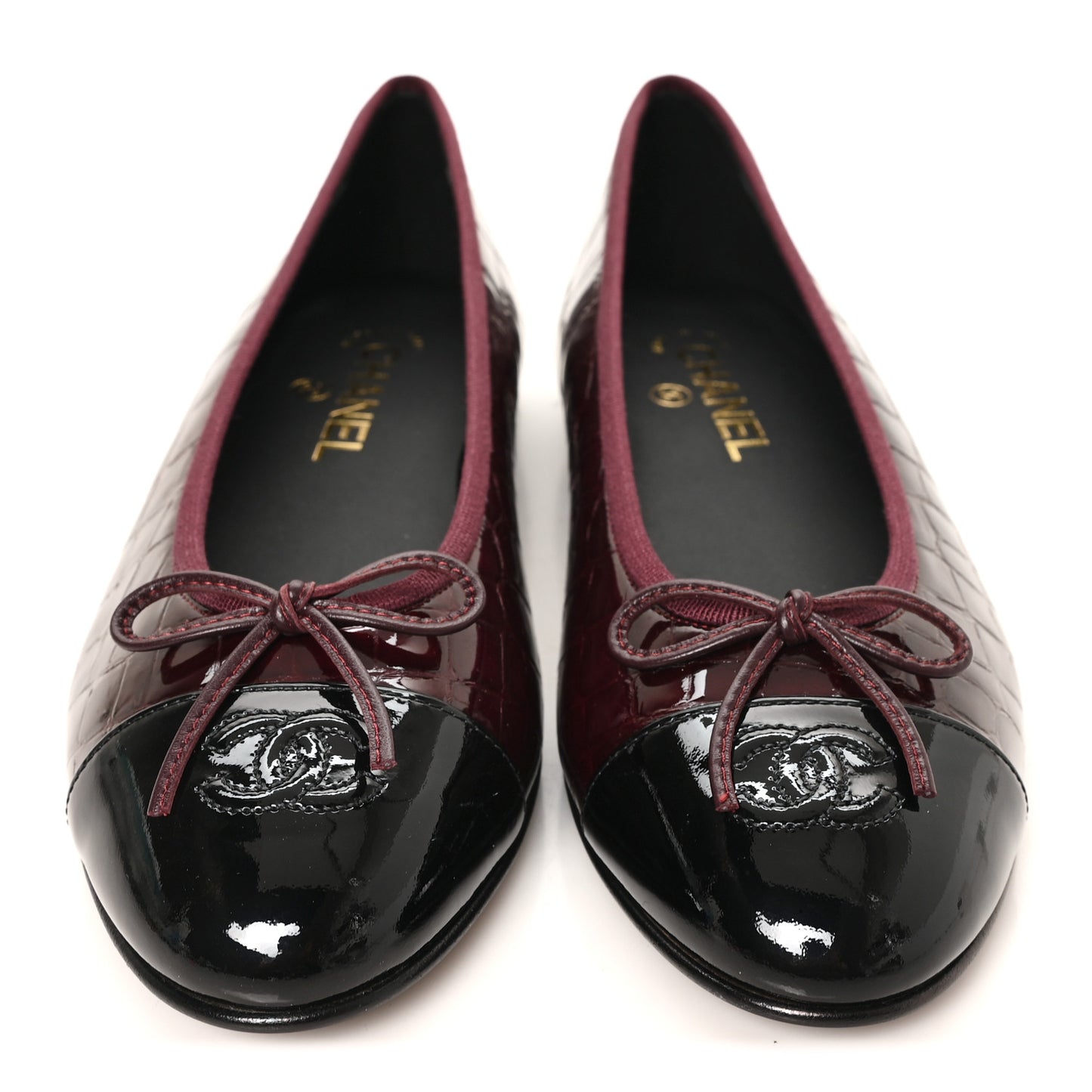 Crocodile Embossed Patent CC Cap Toe Ballerina Flats 40 Burgundy