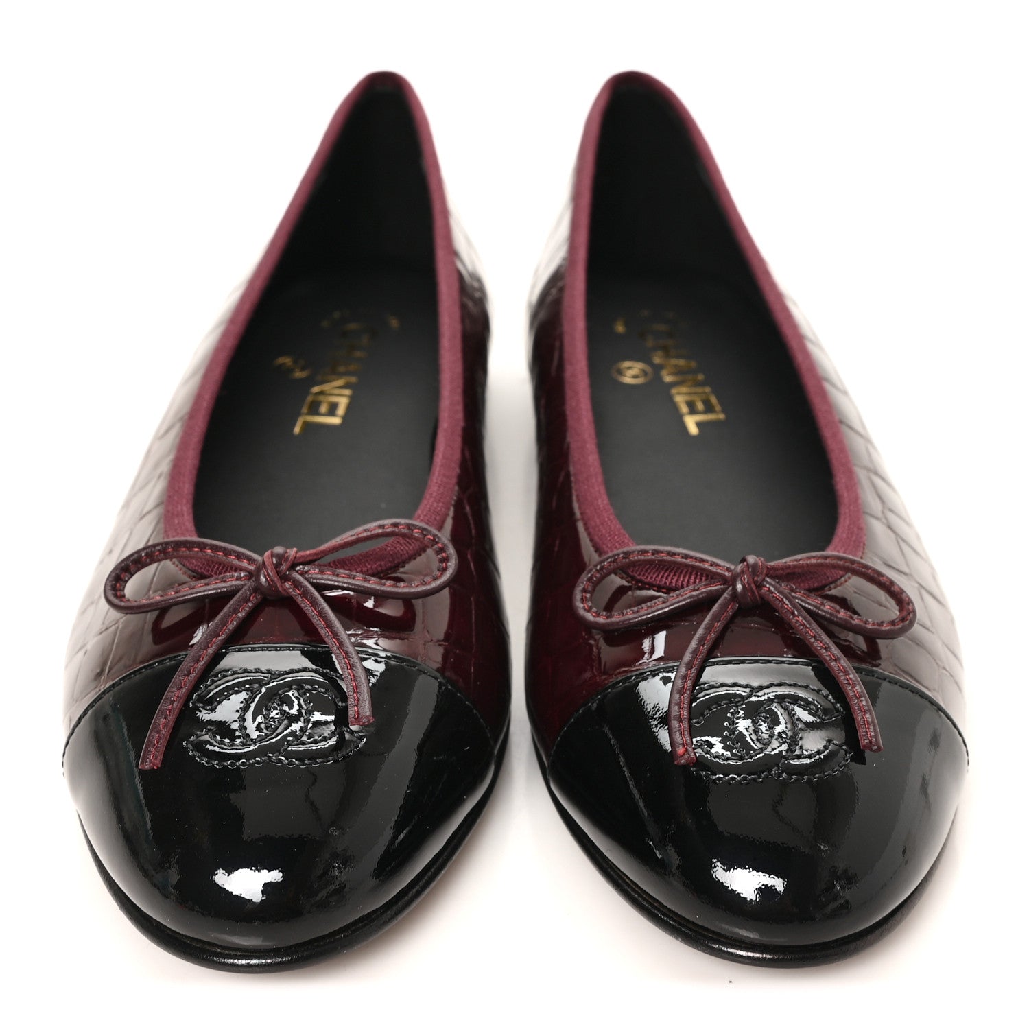 Chanel Crocodile Embossed Patent CC Cap Toe Ballerina Flats 40 Burgundy 3 of 9