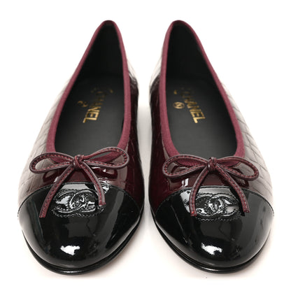 Chanel Crocodile Embossed Patent CC Cap Toe Ballerina Flats 40 Burgundy 3 of 9