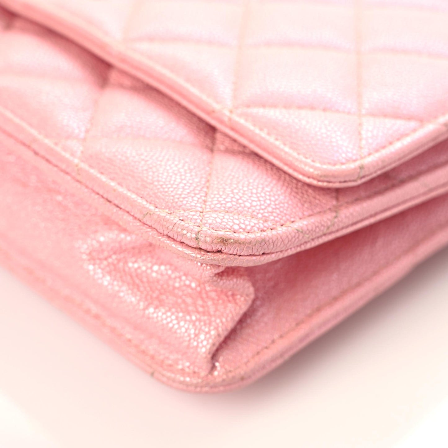 Iridescent Caviar Quilted Wallet on Chain WOC Rose Pink