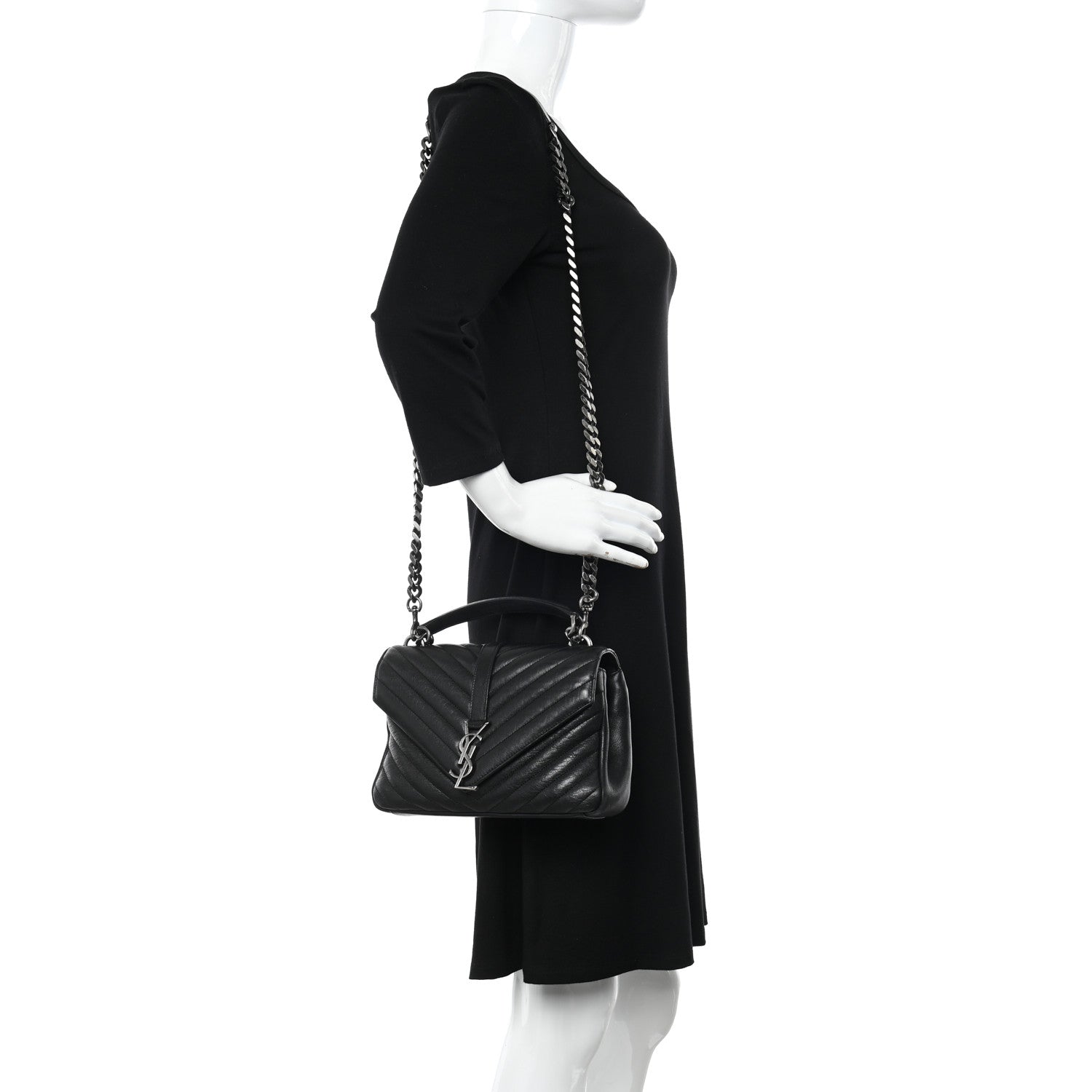 Saint Laurent Sheepskin Matelasse Chevron Monogram Medium College Bag Black 2 of 13