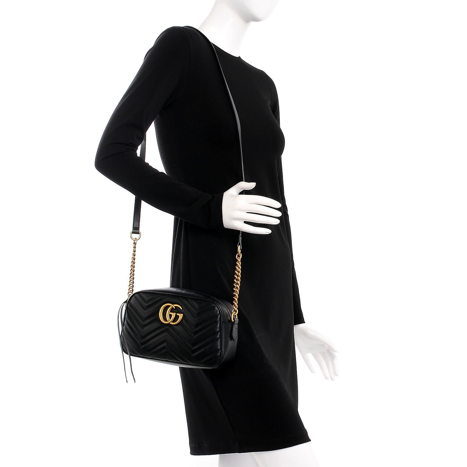 Gucci Calfskin Matelasse Small GG Marmont Chain Shoulder Bag Black 2 of 8