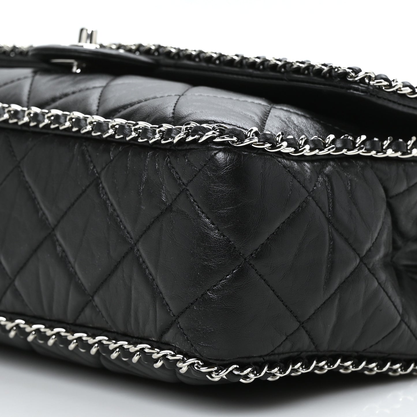 Crumpled Calfskin Quilted Large Chain All Over Flap Bag Black