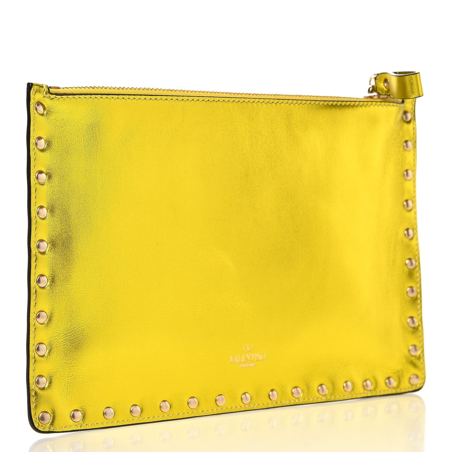 Metallic Calfskin Medium Rockstud Zip Pouch Yellow
