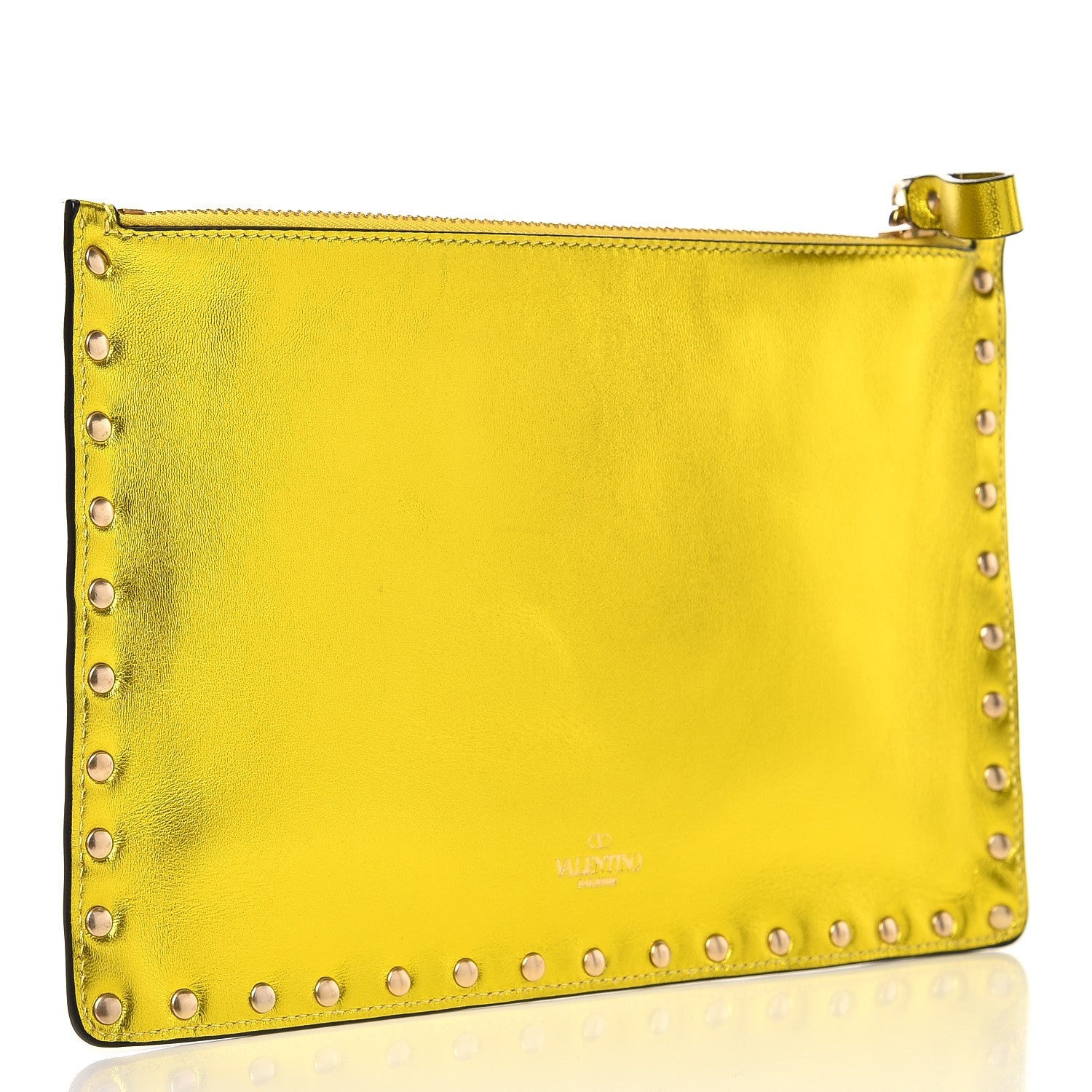 Valentino Garavani Metallic Calfskin Medium Rockstud Zip Pouch Yellow 3 of 7