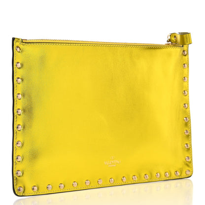 Valentino Garavani Metallic Calfskin Medium Rockstud Zip Pouch Yellow 3 of 7