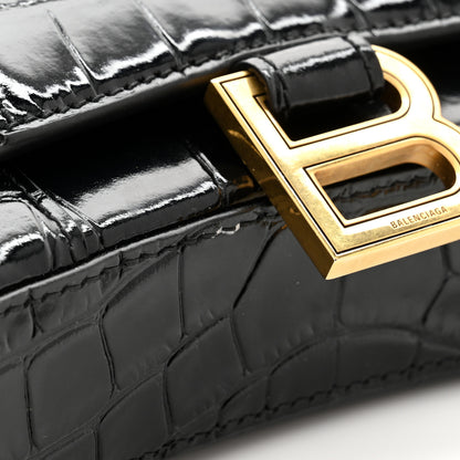 Balenciaga Shiny Calfskin Crocodile Embossed Hourglass Chain Bag Black 9 of 9