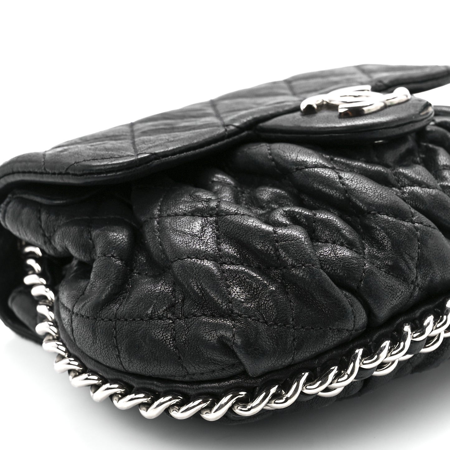 Metallic Washed Lambskin Quilted Mini Chain Around Flap Black