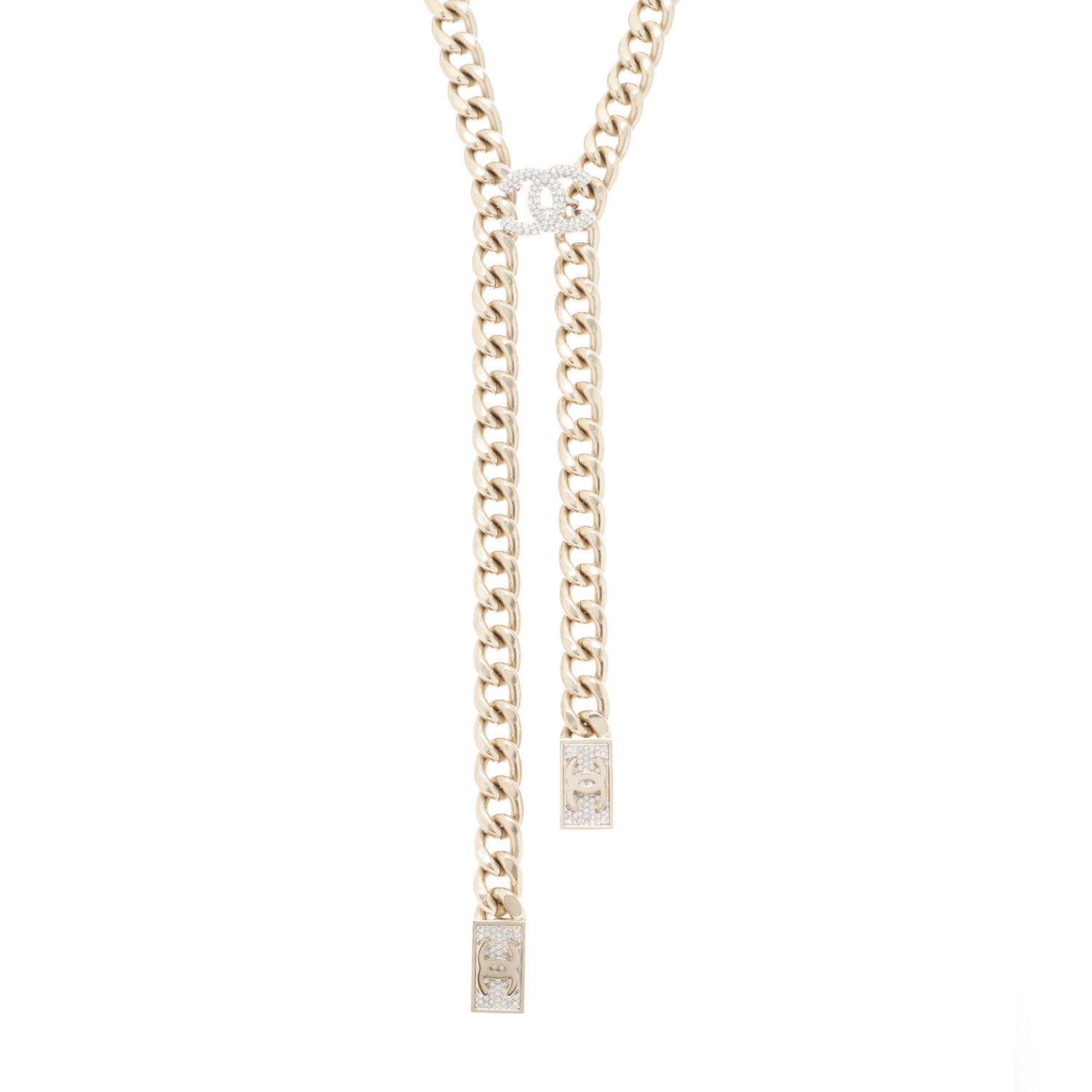 Chanel Chain Link Crystal CC Dog Tag Charm Necklace Gold 1 of 4