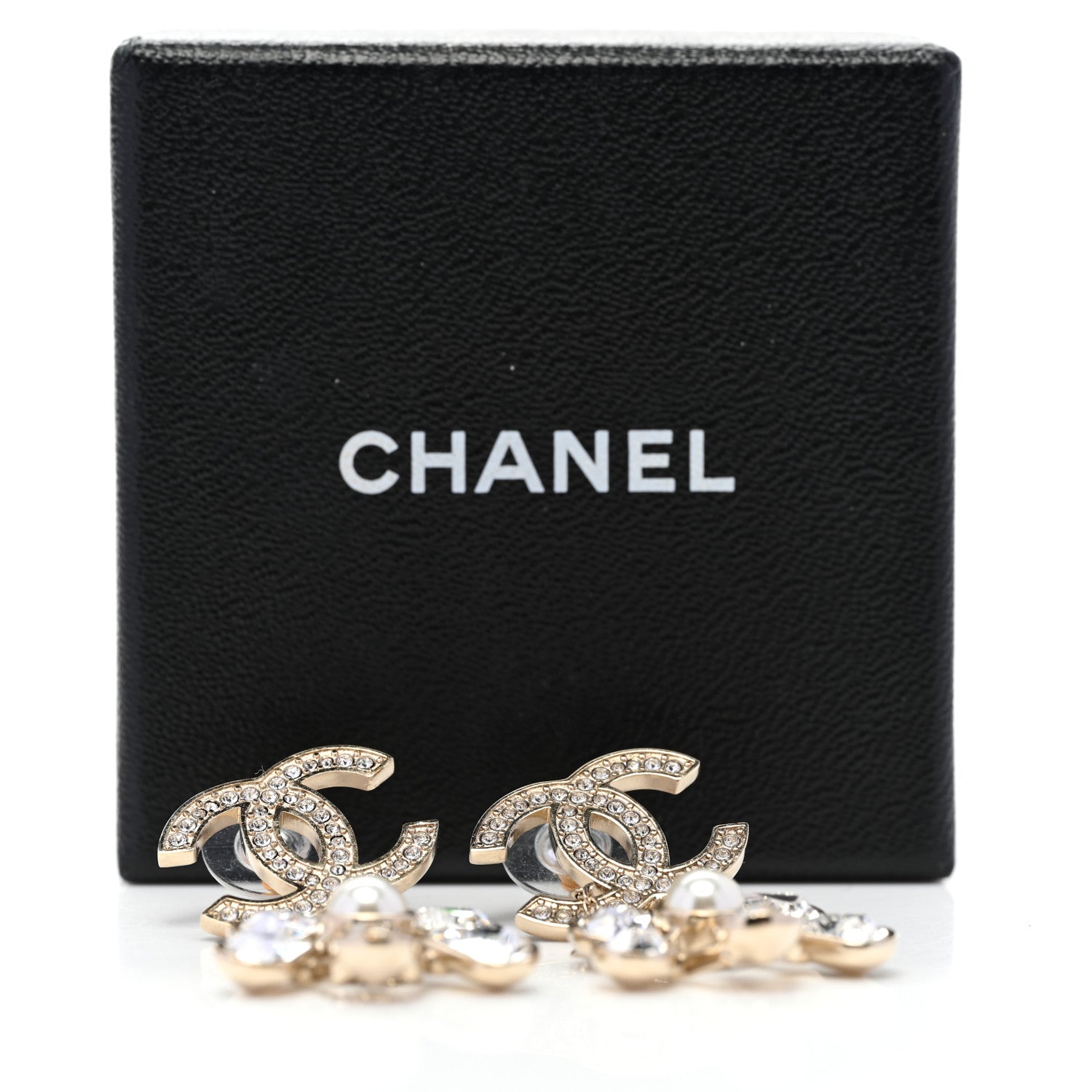 Chanel Pearl Crystal CC Drop Earrings Light Gold 5 of 5