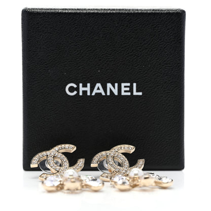 Chanel Pearl Crystal CC Drop Earrings Light Gold 5 of 5