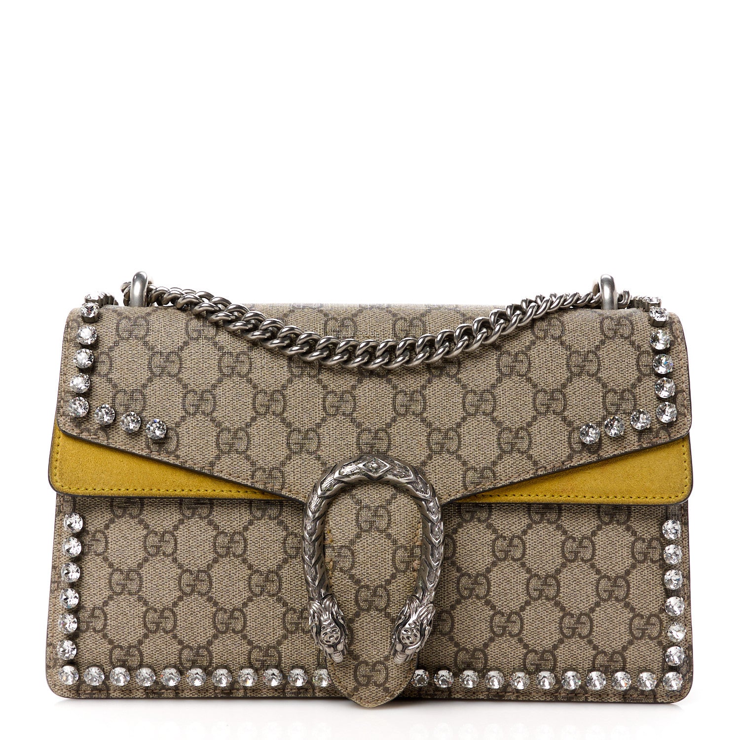 Gucci GG Supreme Monogram Suede Crystal Small Dionysus Shoulder Bag Beige Ebony Yellow 1 of 15
