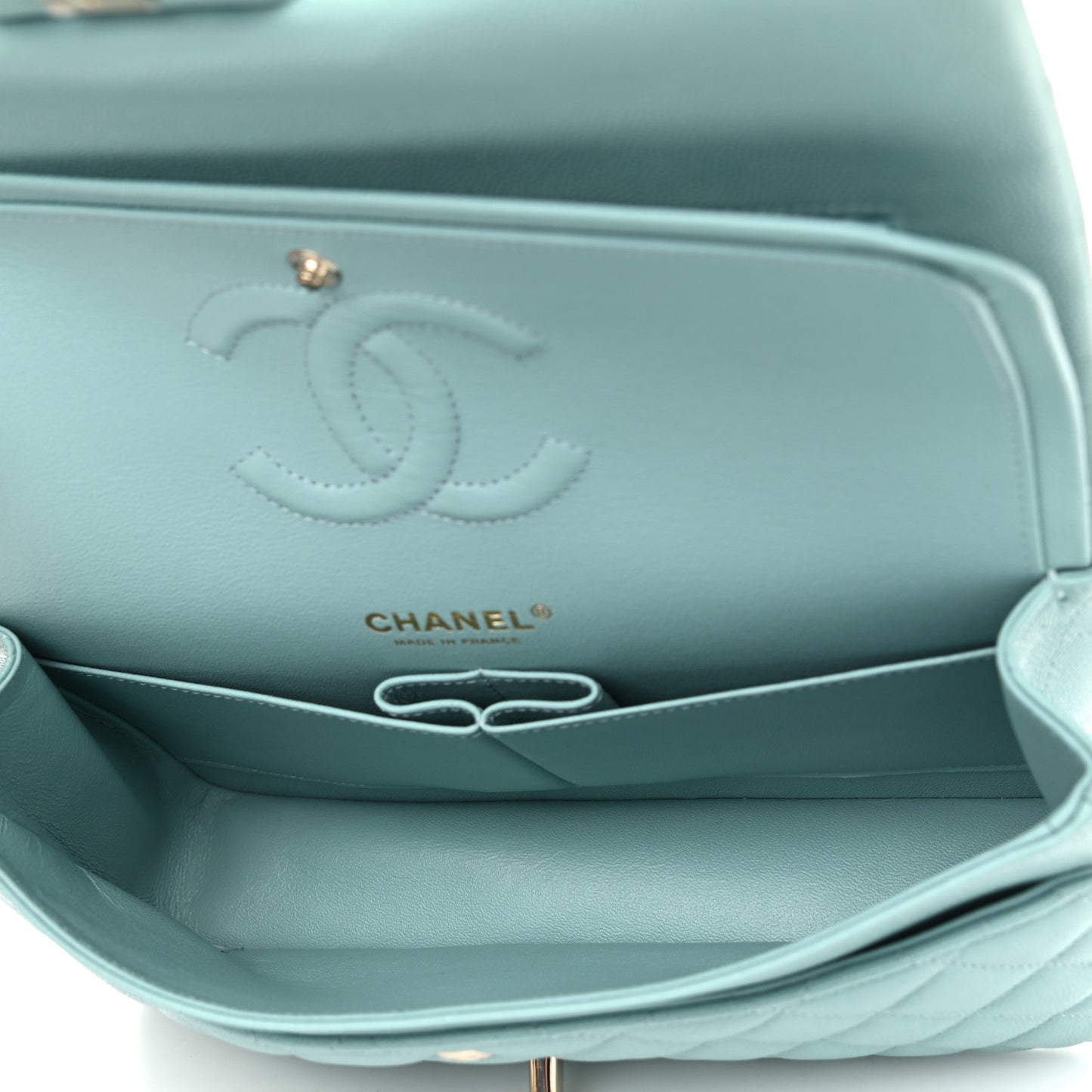 Caviar Quilted Medium Double Flap Light Blue