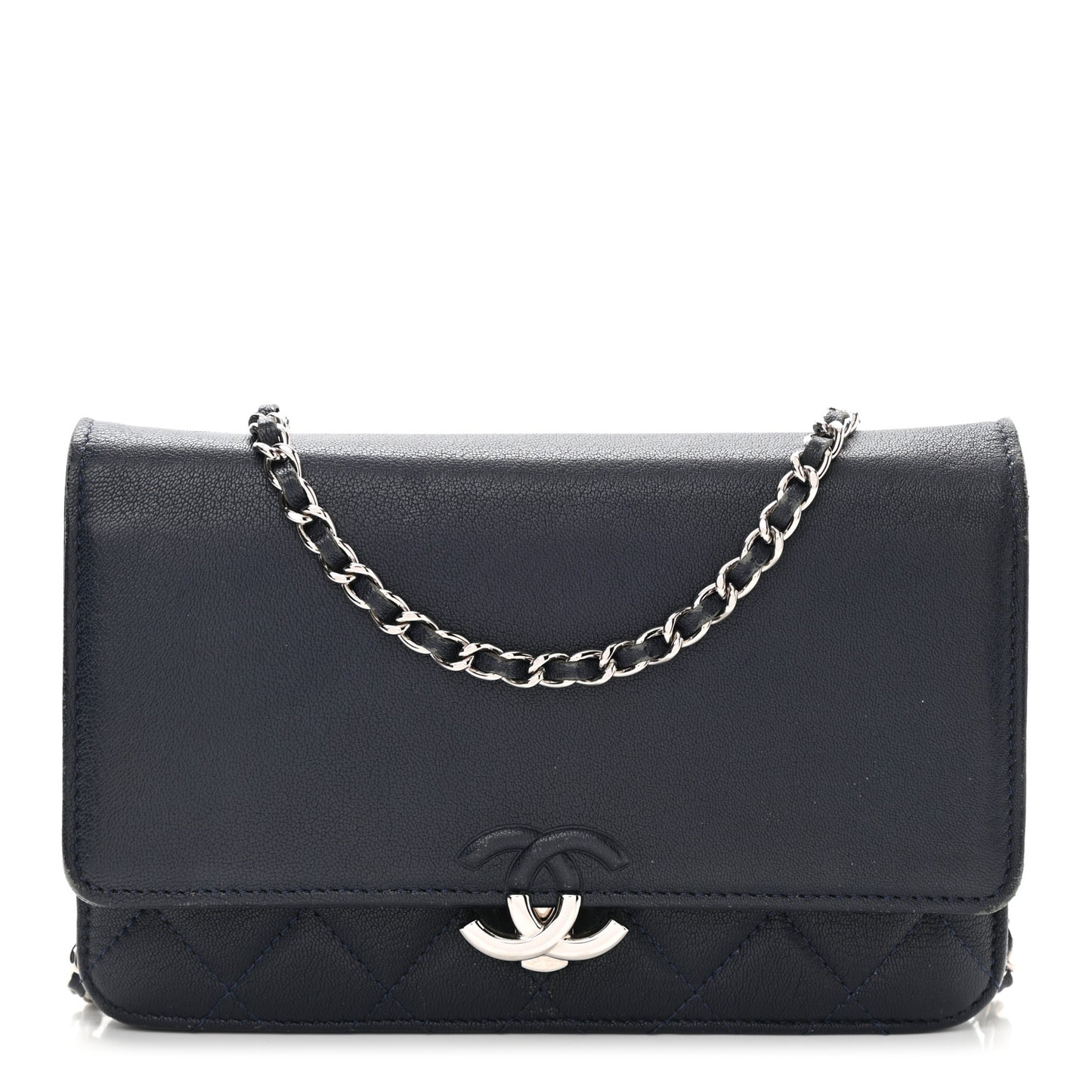 Grained Calfskin Quilted CC Box Wallet On Chain WOC Navy