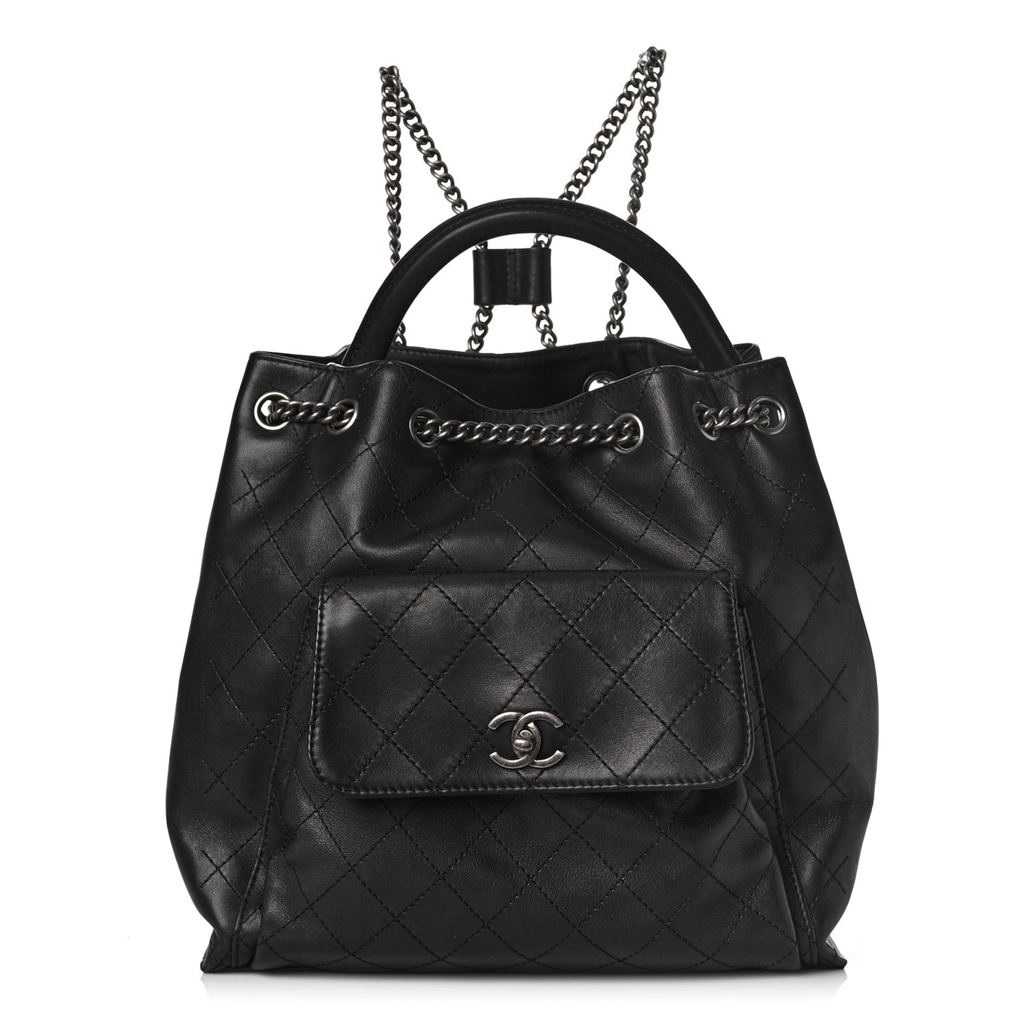 Calfskin Stitched Large Urban Luxury Drawstring Backpack Black