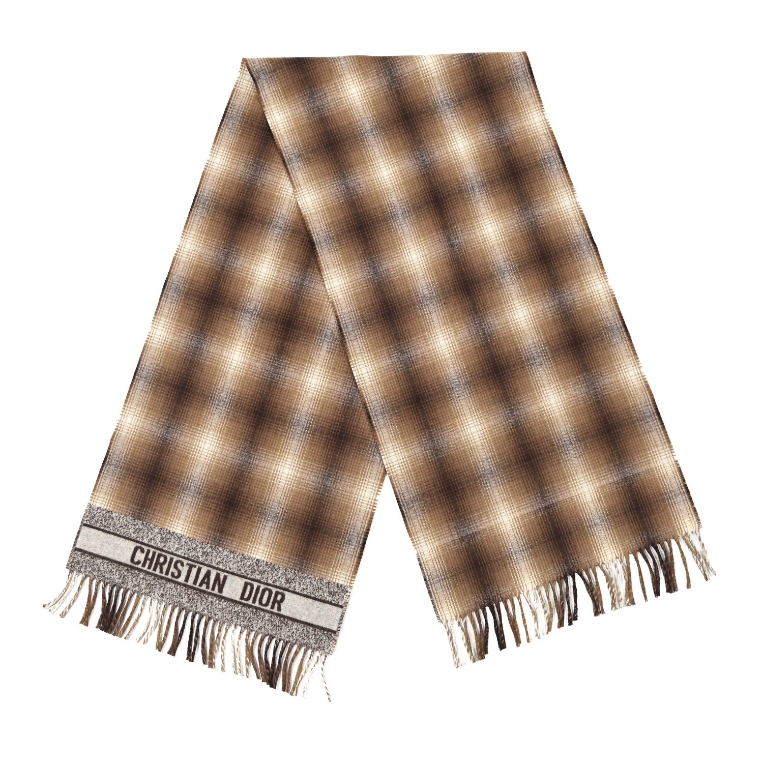 Christian Dior Wool Silk Blend Plaid Fringe Scarf Brown 2 of 5