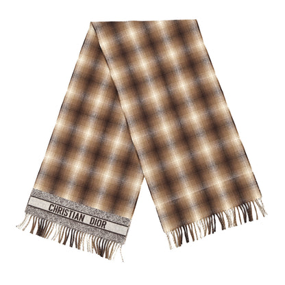 Christian Dior Wool Silk Blend Plaid Fringe Scarf Brown 2 of 5