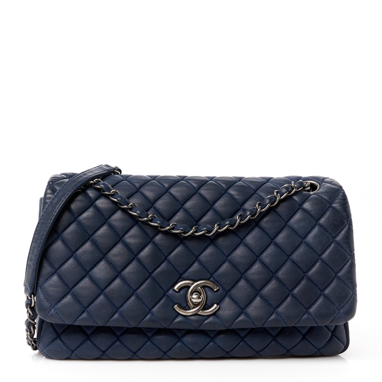 Iridescent Calfskin Quilted Large New Bubble Flap Navy
