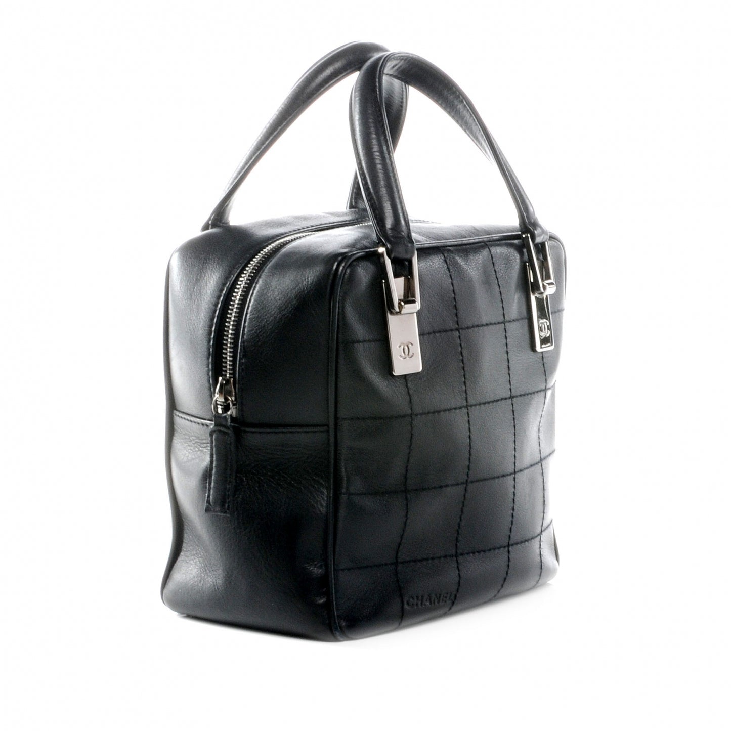 Leather Square Stitched Small Handbag Black