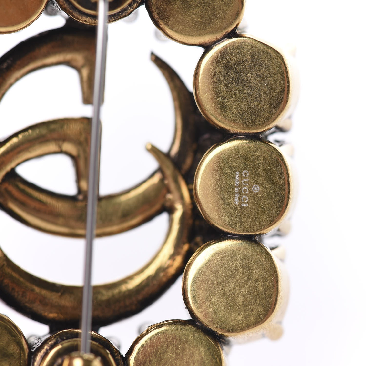 Gucci Metal Crystal Double G Brooch Aged Gold 3 of 3