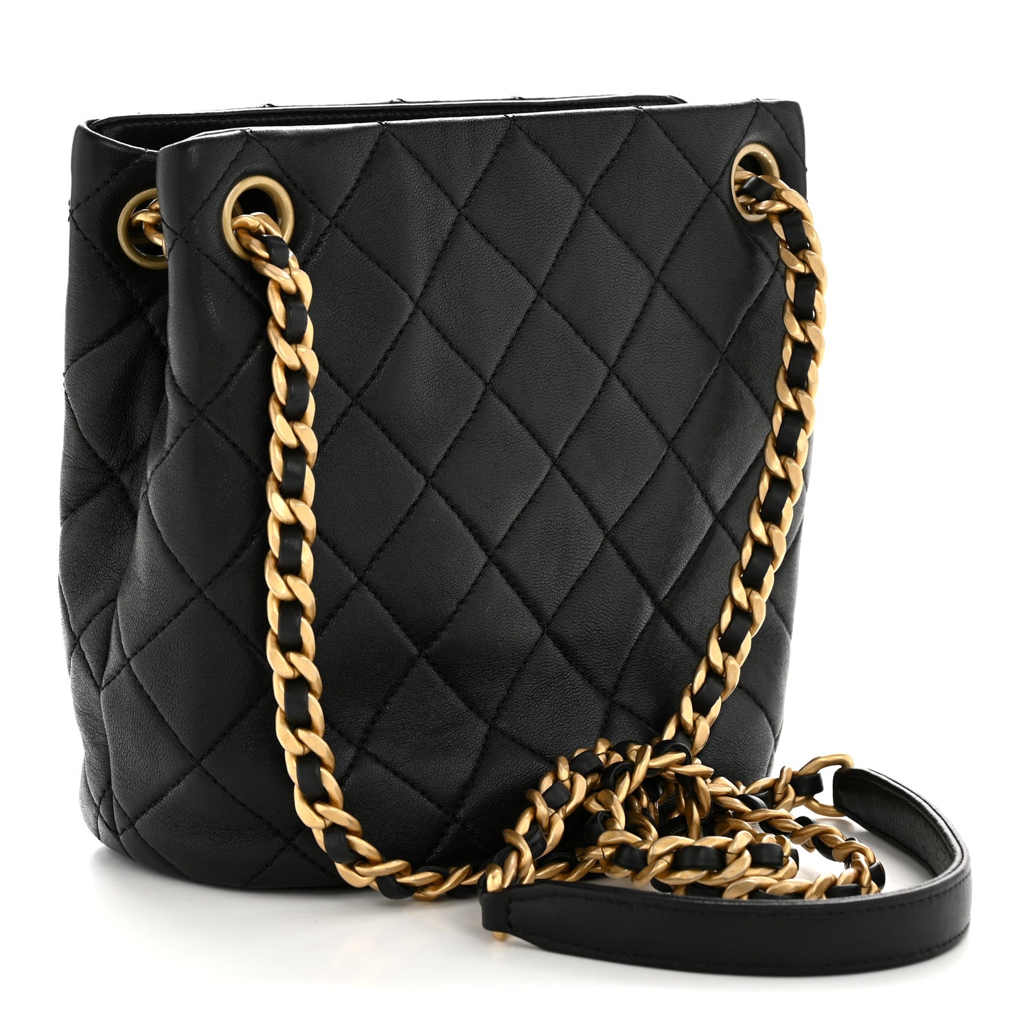 Chanel Lambskin Quilted Chaine Lettre Small Bucket Bag Black 3 of 14